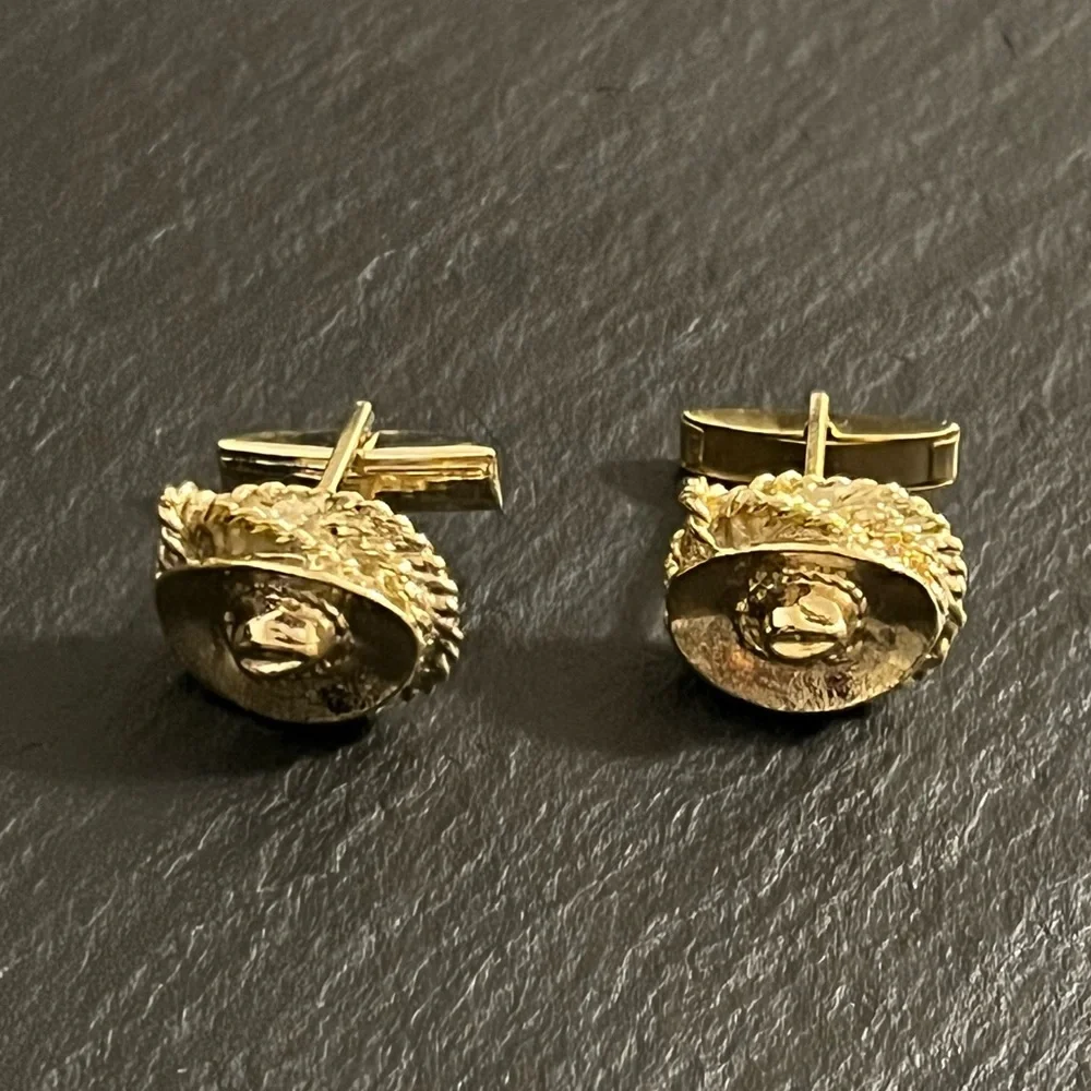 Vintage Gold Tone Cowboy Hat Rope Western Theme Cufflinks
